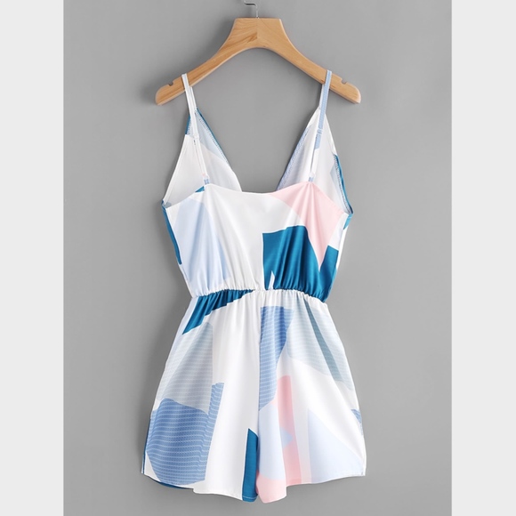 Surplice Cami Geometric Blue Printed Romper - Picture 2 of 6